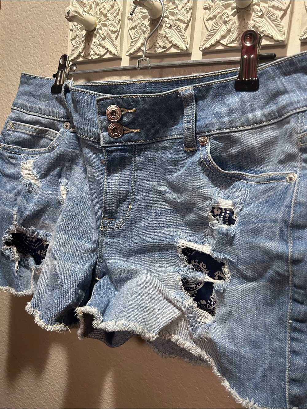 Maurices Light Blue Distressed Denim Shorts with Navy Patch
